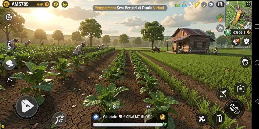 Tampilan screenshot utama AMS789 yang menampilkan aktivitas bertani virtual.