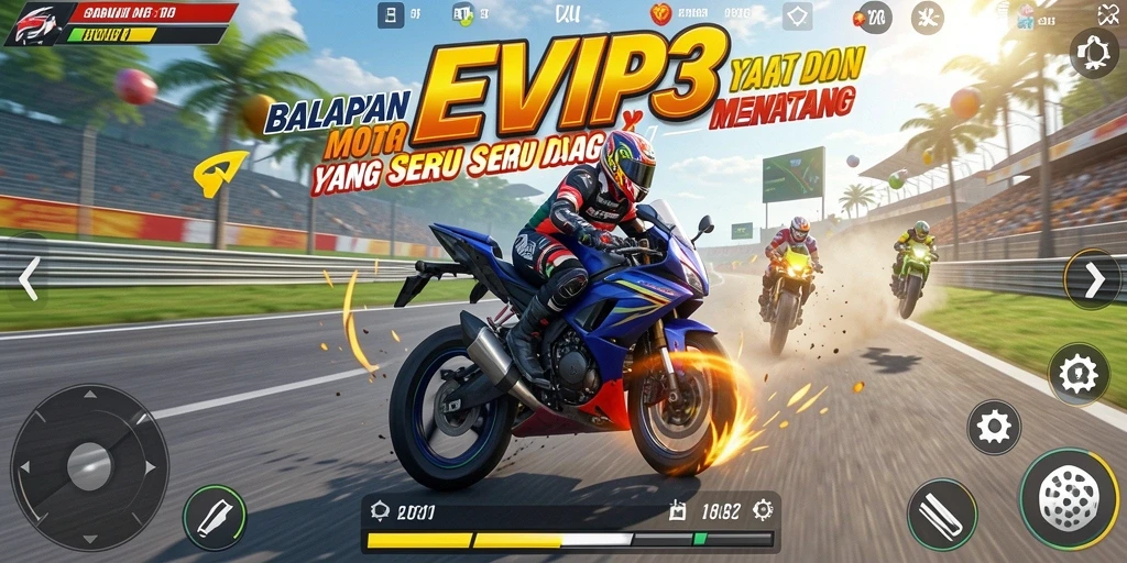 Tangkapan layar EVIP3 menampilkan aksi balapan motor yang seru dan realistis.