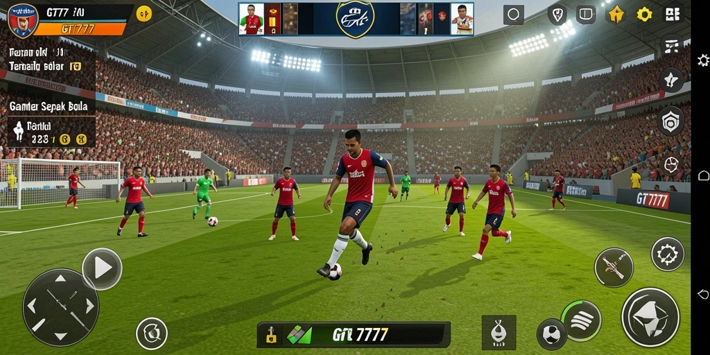 Tampilan gameplay GT777 dengan aksi sepak bola yang mendebarkan.