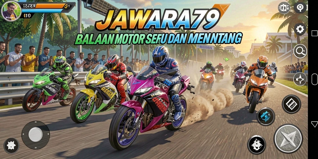 Screenshot gameplay JAWARA79 menampilkan aksi balapan motor yang seru.