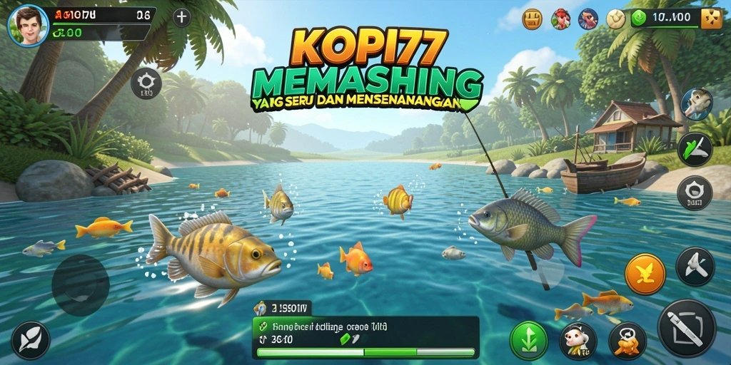Tampilan gameplay <strong>KOPI77</strong> dengan ikan yang beragam dan latar belakang yang indah.