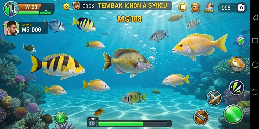 Tampilan gameplay MG108 menunjukkan keseruan menembak ikan di bawah laut.