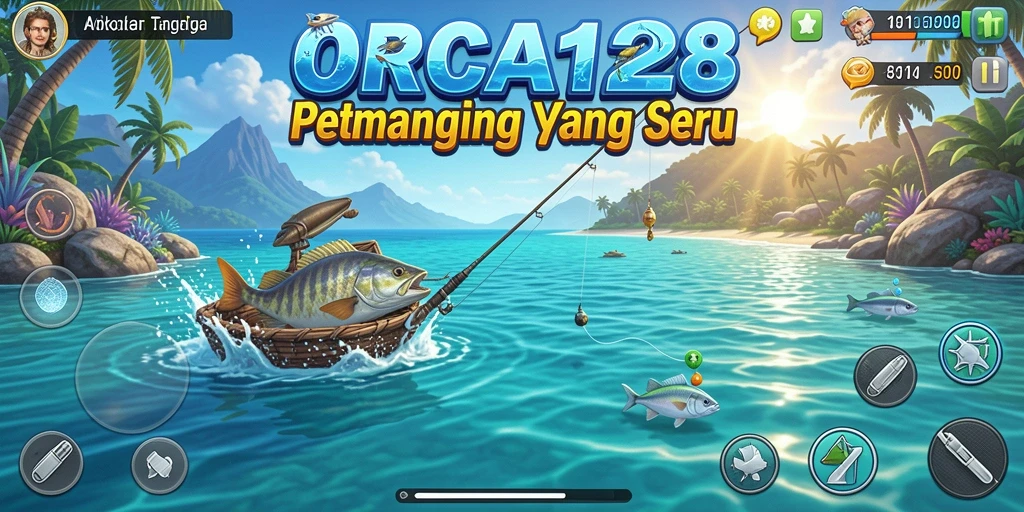 Tampilan gameplay seru dalam ORCA128 saat menangkap ikan.