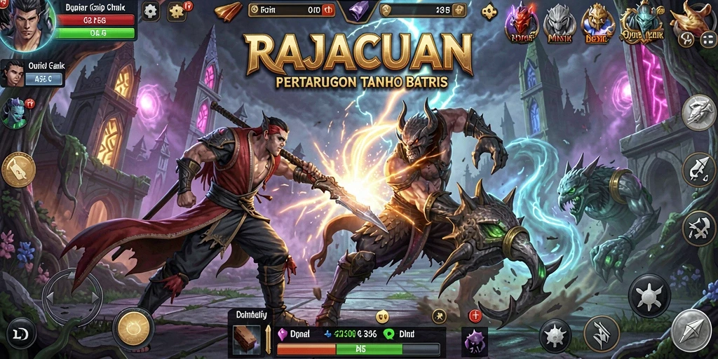 Screenshot gameplay RAJACUAN menampilkan pertarungan yang mendebarkan antara karakter-karakter kuat.