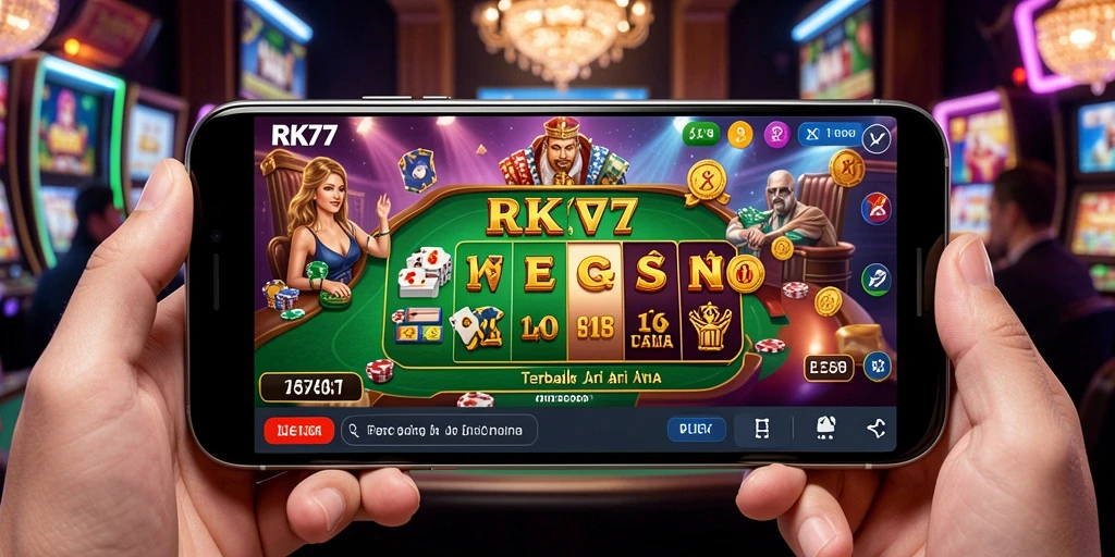 Tampilan gameplay RK77 dengan dealer langsung dalam suasana kasino.