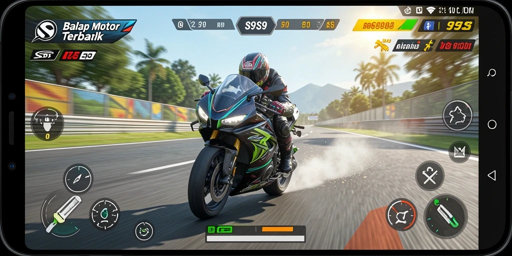 Gameplay S9S9 menampilkan balap motor yang cepat dan mendebarkan.