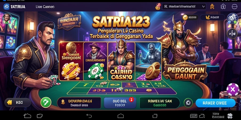Screenshot dari gameplay <strong>SATRIA123</strong> yang menampilkan dealer langsung dan suasana kasino.