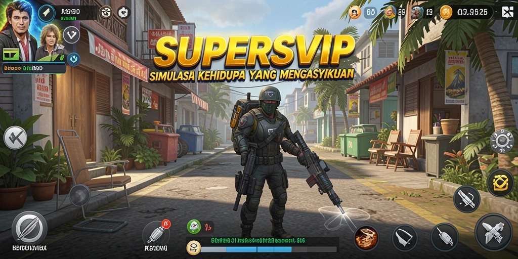 Tangkapan layar utama SUPERSVIP menampilkan gameplay simulasi yang menarik.