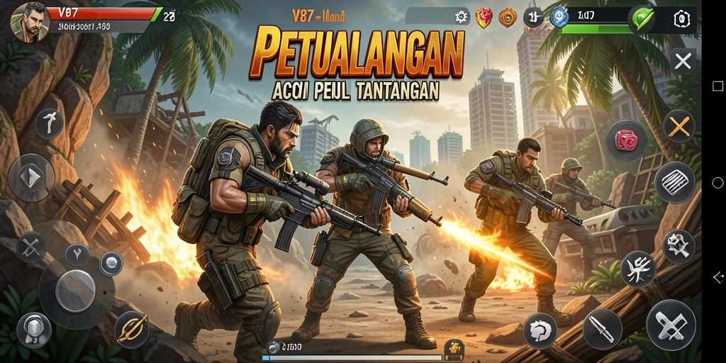 Screenshot V87 menampilkan aksi pertarungan yang mendebarkan dan grafis yang menawan.