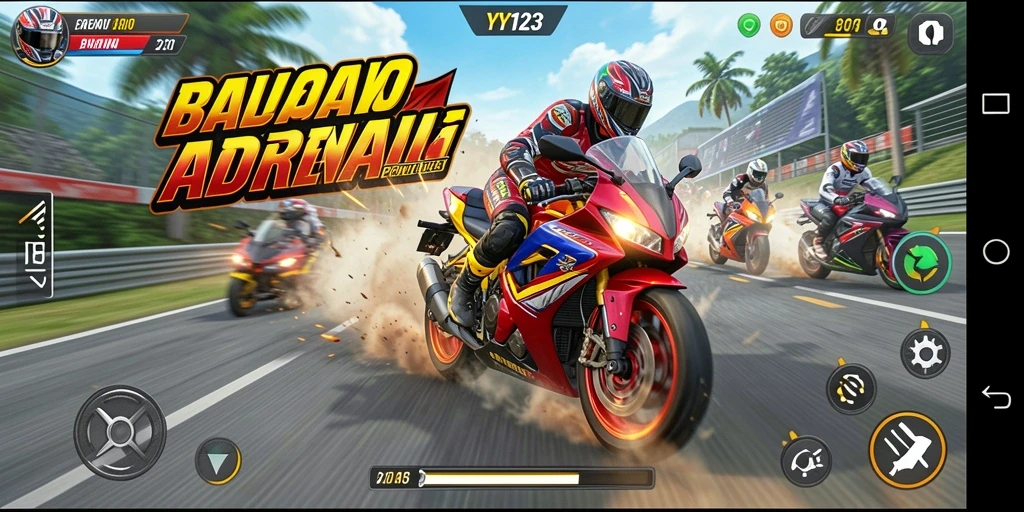 Tampilan balapan seru di permainan YY123 dengan berbagai motor.